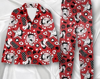 Betty Boop nachtkleding pyjamaset, pyjama voor volwassenen, Betty Boop Valentijnsdagpyjama, satijnen nachtkleding Betty Boop, pyjama voor meisjes, schattige cartoonmeisjespyjama