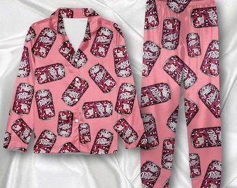 Satijnen Dr Pepper-pyjamaset, Dr Pepper Soda Lover-pyjama, loungewear Drinks Lover, nachtkleding dieetpeper, cadeau voor Dr Pepper Lover