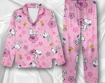 Snoopy Dog-pyjamaset voor dames, schattige cartoon kalverliefde print, gezellige romantische nachtkleding, valentijnscadeau-pyjama, roze feestpyjama