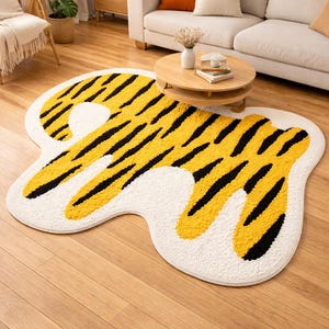 Hand Tufted Wool Area Rug Yellow Black Irregular Shape Rug, Tiger Stripe Abstract Rug, Modern Living Room Rug, Plush Soft Carpet Decor