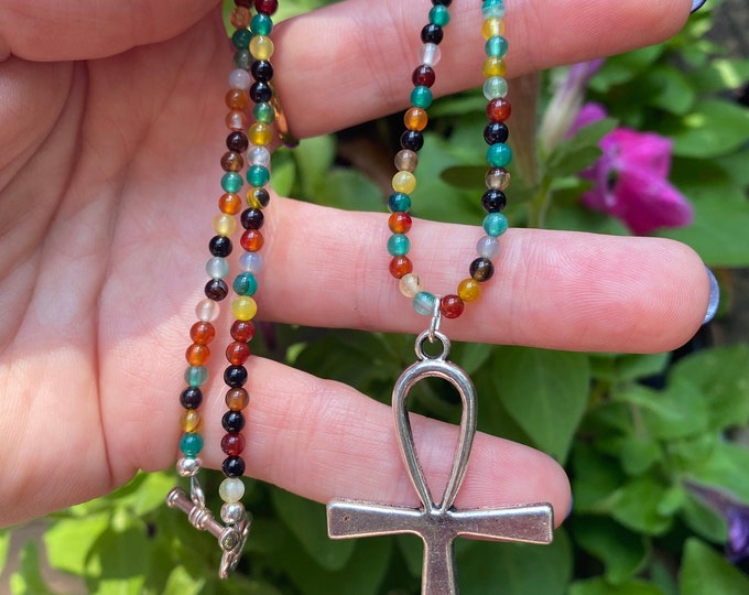 Multicolored Agate Ankh Heart Chakra Healing Necklace