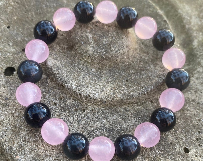 Pink Jade and Obsidian Heart Chakra Protection Bracelet