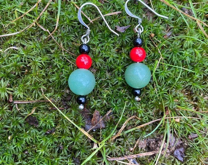 Aventurine /Tourmaline/pearl Heart Chakra Earrings