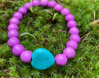 Purple Turquoise Bracelet with Genuine Turquoise Heart