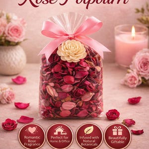 Op de afbeelding: Een transparante zak gevuld met rode rozenpotpourri, versierd met een roze lint en een crèmekleurige roos. De tekst "Redolence Rose Potpourri" is zichtbaar. De afbeelding bevat ook rozenblaadjes en een brandende kaars.