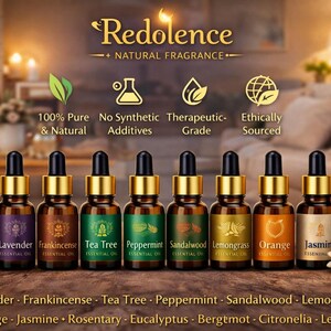 May include: A display of essential oil bottles with gold caps, labeled with various scents like Lavender, Frankincense, and Orange. The image includes text indicating the oils are 100% pure, natural, and ethically sourced. A slice of orange and flowers are also present.