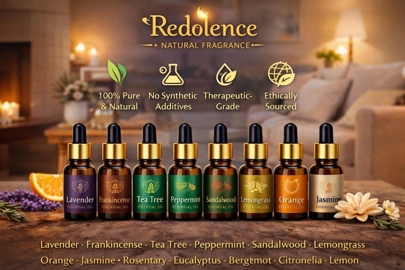 May include: A display of essential oil bottles with gold caps, labeled with various scents like Lavender, Frankincense, and Orange. The image includes text indicating the oils are 100% pure, natural, and ethically sourced. A slice of orange and flowers are also present.