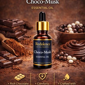 Könnte beinhalten: Braune Flasche ätherischen Öls "Choco-Musk" mit goldenem Verschluss, umgeben von Schokolade. Das Bild zeigt Schokoladentafeln, Kakaopulver und Schokoladenbonbons, mit Text, der das Aroma hervorhebt.