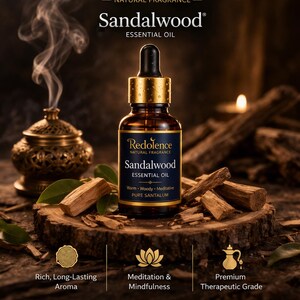 May include: A dark amber glass bottle of Sandalwood essential oil with a gold cap and dropper. The bottle sits on a wooden surface with sandalwood pieces and green leaves. The image includes text that reads "Redolence Natural Fragrance" and "Sandalwood Essential Oil."