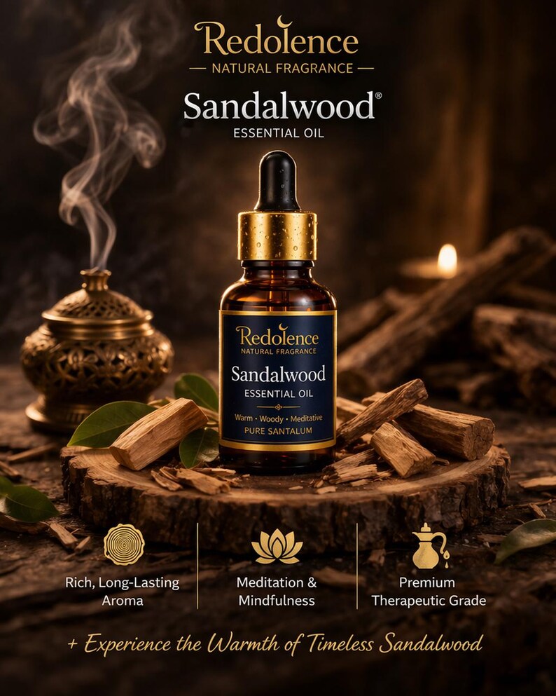May include: A dark amber glass bottle of Sandalwood essential oil with a gold cap and dropper. The bottle sits on a wooden surface with sandalwood pieces and green leaves. The image includes text that reads "Redolence Natural Fragrance" and "Sandalwood Essential Oil."