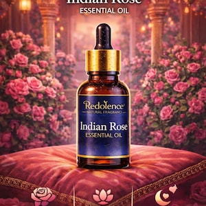 May include: A brown glass bottle of Indian Rose essential oil with a gold cap, set against a backdrop of roses and ornate architecture. The label reads "Redolence - Natural Fragrance". The image also includes text that says "Luxurious Floral Aroma", "Boosts Well-Being", and "Indulge in Pure Romance".