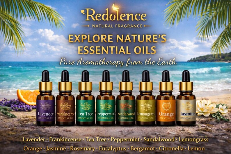 May include: An advertisement for Redolence essential oils. The image features eight small amber glass bottles with gold caps, each labeled with a different essential oil name. The background shows a beach scene with palm trees and the text "Explore Nature's Essential Oils."