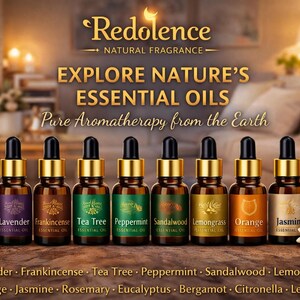 May include: An advertisement for Redolence essential oils. The image features eight small brown glass bottles with gold-colored tops, each labeled with a different essential oil name. The text reads "Explore Nature's Essential Oils".