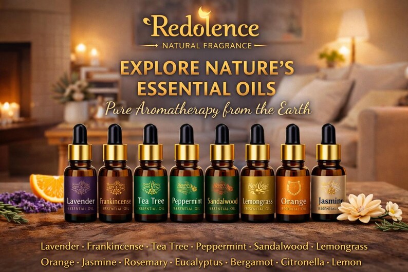May include: An advertisement for Redolence essential oils. The image features eight small brown glass bottles with gold-colored tops, each labeled with a different essential oil name. The text reads "Explore Nature's Essential Oils".