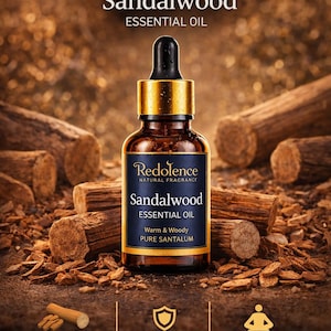 May include: A brown glass bottle of sandalwood essential oil with a black dropper and gold cap. The label reads "Redolence Natural Fragrance" and "Sandalwood Essential Oil." The background features wood pieces and text promoting the oil's aroma, grounding, and mental clarity.