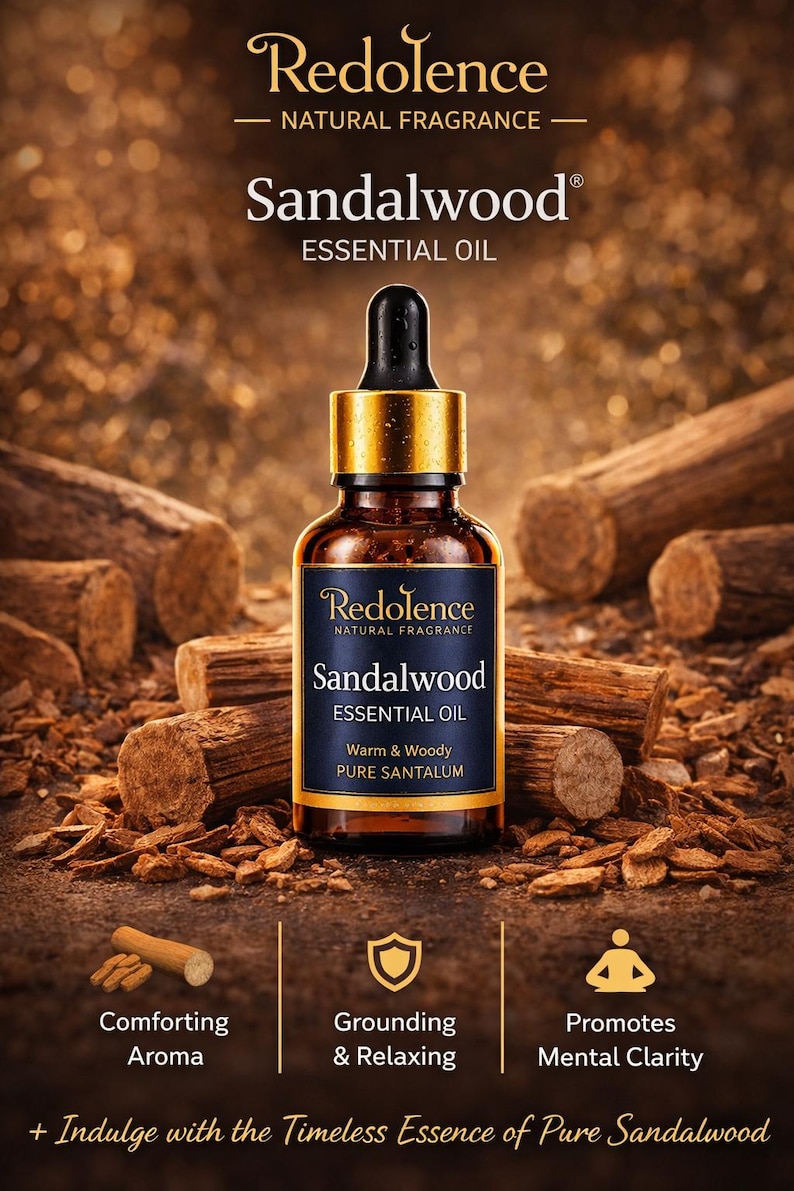 May include: A brown glass bottle of sandalwood essential oil with a black dropper and gold cap. The label reads "Redolence Natural Fragrance" and "Sandalwood Essential Oil." The background features wood pieces and text promoting the oil's aroma, grounding, and mental clarity.
