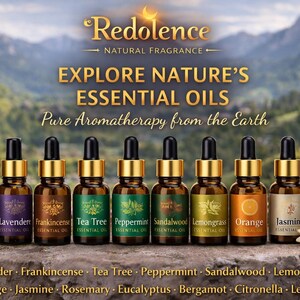 May include: An advertisement for Redolence essential oils. The image features a row of glass bottles with gold caps, each labeled with a different scent, such as Lavender, Tea Tree, and Orange. The background shows a mountain range.