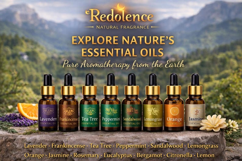 May include: An advertisement for Redolence essential oils. The image features a row of glass bottles with gold caps, each labeled with a different scent, such as Lavender, Tea Tree, and Orange. The background shows a mountain range.