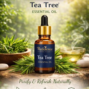 Könnte beinhalten: Eine braune Glasflasche mit Teebaum-ätherischem Öl mit einer schwarzen Pipette und einer goldenen Kappe, beschriftet mit "Redolence". Das Bild enthält den Text: "Purify & Refresh Naturally". Zusätzlicher Text: "Cleanses the Air", "Soothes Skin Irritations" und "Natural Antiseptic".