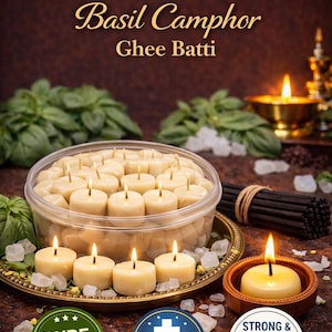 Puede incluir: Imagen de velas ghee batti, con el texto "Redolence - Natural Fragrance - Basil Camphor Ghee Batti." Las velas están en un recipiente transparente y sobre un plato decorativo. La imagen también incluye el texto "Pure Cow Ghee", "Respiratory Relief" y "Strong & Refreshing Aroma."