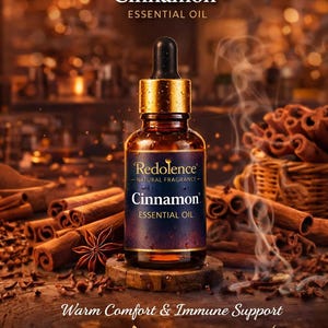 Può includere: Una bottiglia di olio essenziale alla Cannella di Redolence, con il testo "Cinnamon Essential Oil". L'immagine presenta bastoncini di cannella e il testo "Warm Comfort & Immune Support". Il prodotto è pubblicizzato per aumentare l'immunità, favorire la digestione e aumentare l'energia.