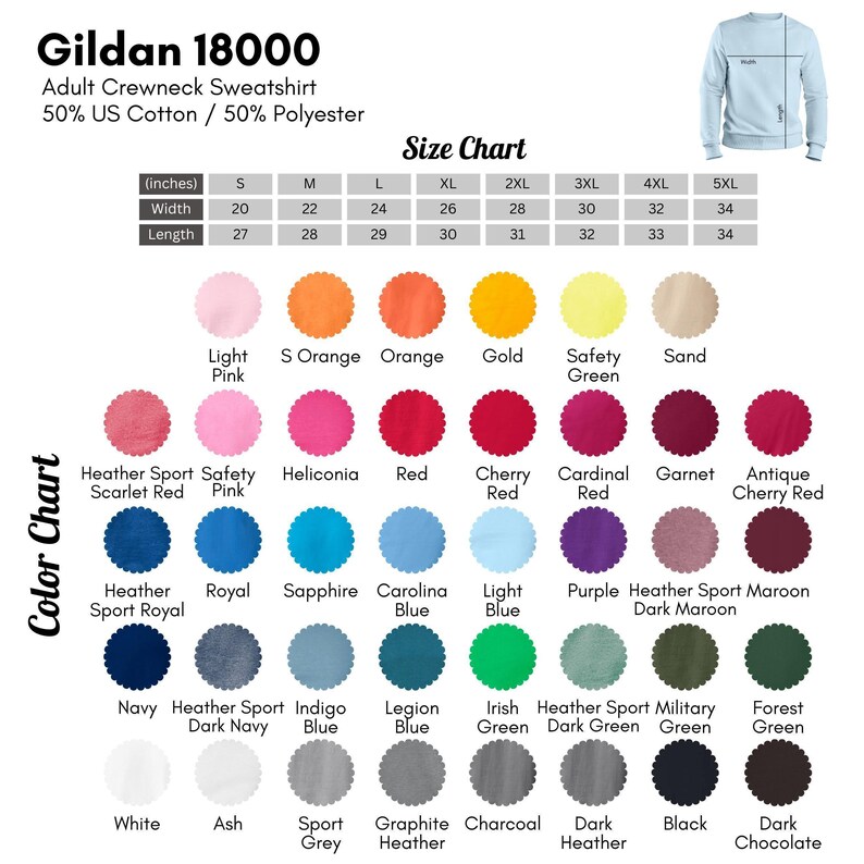 The image is a color chart for a Gildan 1800 adult crewneck sweatshirt. It displays a variety of color options available for the sweatshirt, including different shades of blue, green, red, and other colors. The chart provides a visual representation of the color choices and their corresponding widths and lengths, allowing customers to choose the color that best suits their preferences.