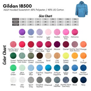 The image is a color chart for the Gildan 18500 adult hooded sweatshirt. It displays a variety of color options available for the sweatshirt, including different shades of green, purple, orange, and other colors. The chart provides a visual representation of the color options and their corresponding widths and lengths, allowing customers to choose the color that best suits their preferences.