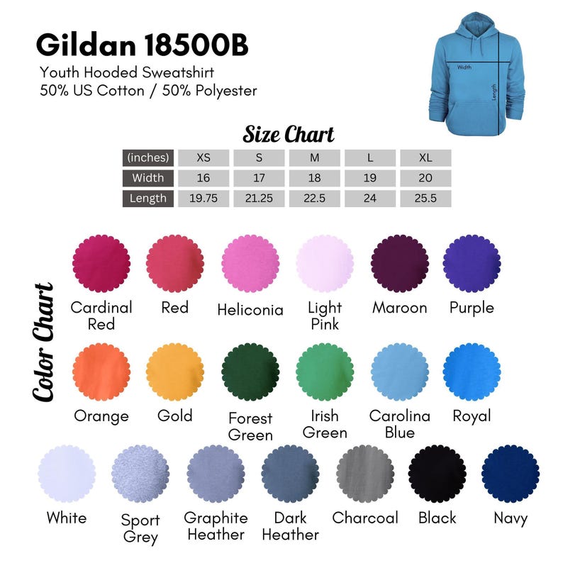 The image is a size chart for a youth hooded sweatshirt, showing the different color options available and their corresponding widths and lengths.
