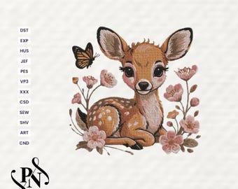 May include: An embroidered design featuring a fawn with large eyes, surrounded by pink flowers and a butterfly. The fawn is brown with white spots, and the butterfly is orange and black. The design is on a white background.