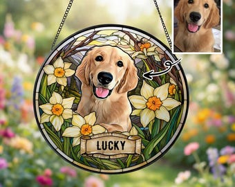 Personalized Dog Portrait Stained Glass Suncatcher, Custom Pet Memorial Stained Glass, Dog Loss Keepsake, Pet Loss Gift
