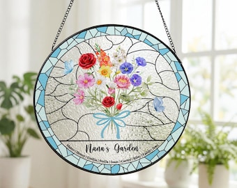 Personalized Mom Garden Suncatcher, Birth Flower Stained Glass, Custom Butterfly & Birth Month Flower with Grandkids' Names, Mom Gifts