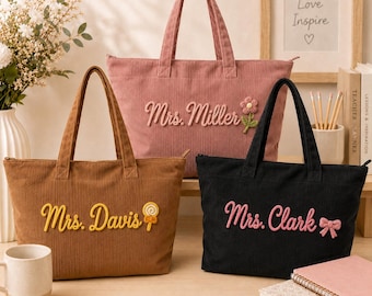 Bolso de mano de pana con nombre personalizado, bolso de hombro estilo bordado personalizado, bolso de trabajo para profesoras, bolso escolar, regalo para ella.