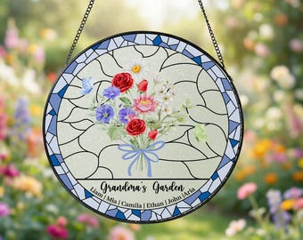 Atrapasueños de vidrieras con flores de nacimiento personalizadas, ramo familiar para colgar en la ventana, regalo del Día de la Madre para mamá o abuela.