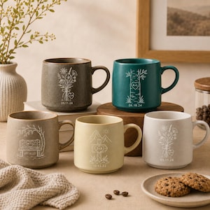 Puede incluir: Cinco tazas de cerámica en varios colores, incluyendo gris oscuro, verde azulado, marrón claro, crema y blanco roto. Cada taza presenta una ilustración única de líneas blancas, como un ramo de flores, un árbol, un banco de parque o montañas.