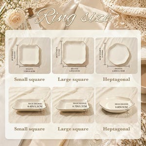 Puede incluir: Una exhibici&oacute;n de platos y fuentes de cer&aacute;mica blanca con ribete dorado. La imagen muestra varias formas, incluyendo dise&ntilde;os cuadrados y heptagonales, con medidas en pulgadas y cent&iacute;metros. El texto en la imagen dice "Ring size".