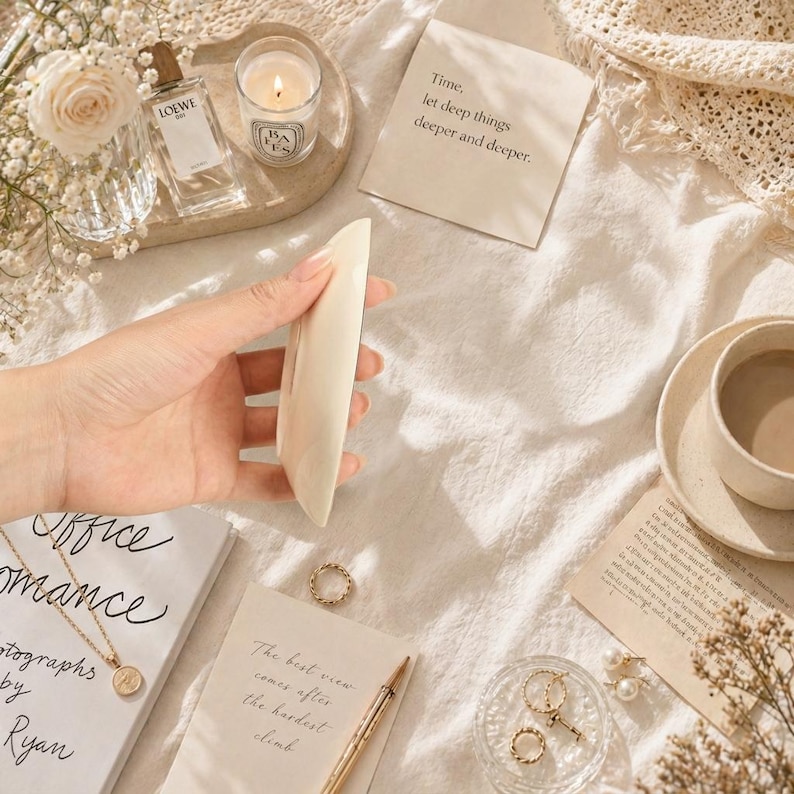Puede incluir: Un objeto alargado de color crema se sostiene en una mano, rodeado de una colecci&oacute;n de art&iacute;culos. Se ven un frasco de perfume, una vela encendida y una taza de caf&eacute;. El texto "Time, let deep things deeper and deeper" est&aacute; en una tarjeta.