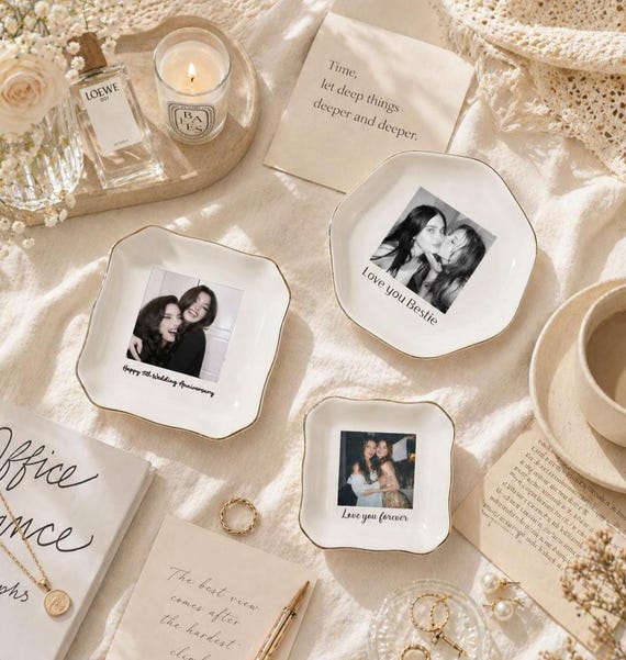 Personalized Bestie Photo Ceramic Ring Dish, Custom Text Jewelry Tray, Minimalist Trinket Dish, Wedding Gift for Bride, Bridesmaid Gift