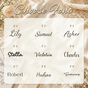 Puede incluir: Imagen que muestra nueve opciones de fuente, cada una mostrando un nombre: Lily, Samuel, Asher, Stella, Victoria, Charles, Robert, Hudson y Thomas. El texto "Choose Font" est&aacute; en la parte superior, con cada fuente etiquetada de F1 a F9.