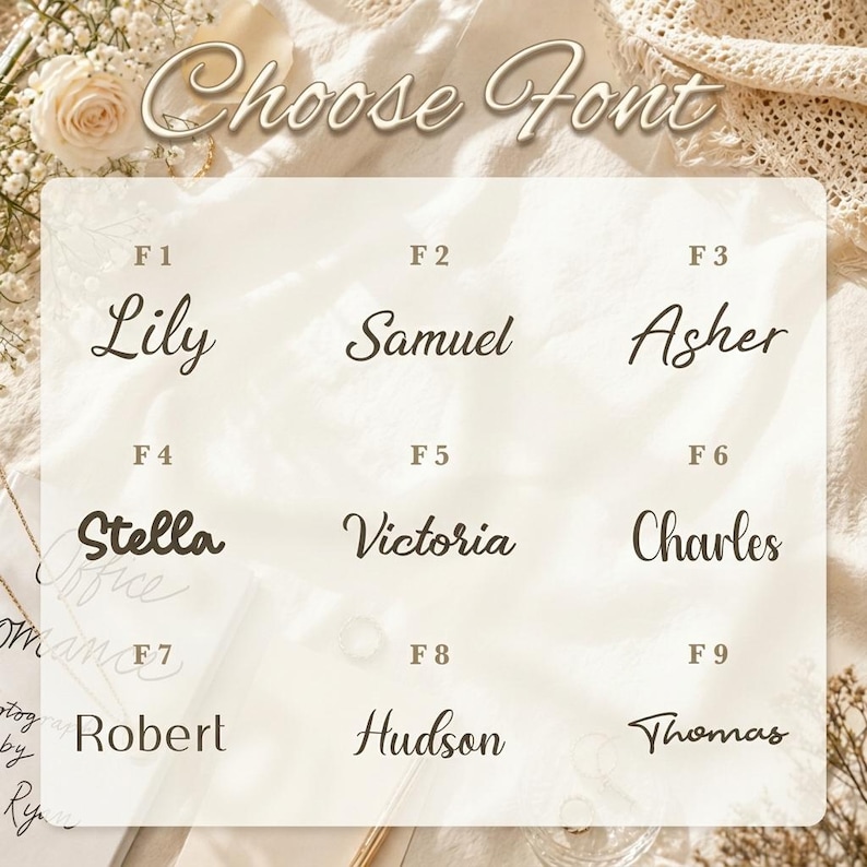 Puede incluir: Imagen que muestra nueve opciones de fuente, cada una mostrando un nombre: Lily, Samuel, Asher, Stella, Victoria, Charles, Robert, Hudson y Thomas. El texto "Choose Font" est&aacute; en la parte superior, con cada fuente etiquetada de F1 a F9.