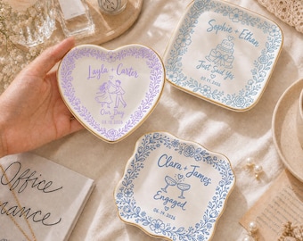 Plato personalizado para anillos de compromiso, bandeja de cerámica personalizada para joyas, soporte para anillos con nombres de pareja, regalo con la fecha de la boda para la futura novia.