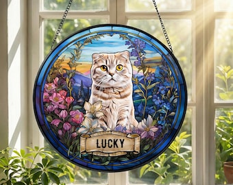 Atrapasueños de vidrio con retrato de mascota personalizado, vitral conmemorativo para gatos, retrato de mascota personalizado a partir de una foto, regalos para la pérdida de una mascota, vitral conmemorativo para gatos.