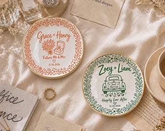Bandeja personalizada para anillos de pareja, bandeja personalizada para joyas de boda, soporte floral para baratijas, regalo de aniversario, compromiso o boda para recién casados.