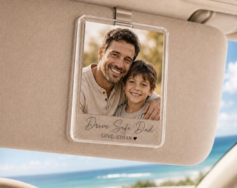 Clip personalizado para la visera del coche para papá, accesorio personalizado para el coche con foto, regalo para papá que dice "Conduce con cuidado", regalo del Día del Padre, recuerdo fotográfico de papá de parte de los niños.