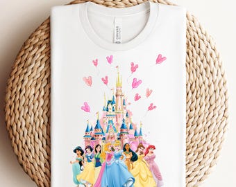 Princesses Watercolor Castle Ready To Press, Disney Princesses DTF, Princesses DTF Transfer, Disney Princess Shirt, Disney Girls Trip