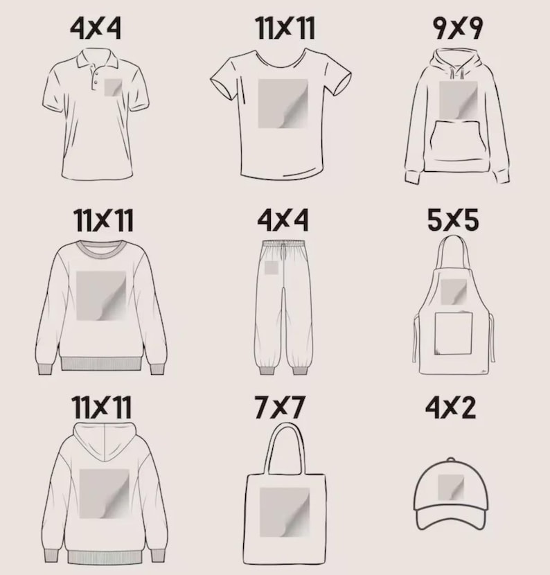 May include: A grid of nine black and white line art illustrations showing various apparel items including a polo shirt, t-shirt, hoodie, sweatshirt, sweatpants, apron, tote bag, and baseball cap, each labeled with specific dimensions in inches.