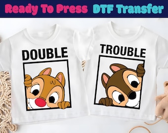 Prêt à presser Disney Chip and Dale, transfert DTF Double Trouble, Disneyland DTF, chemise couple Chip and Dale, chemise vacances en famille Disney