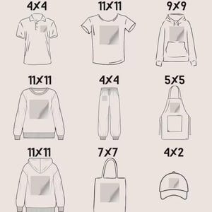 May include: Line drawings of clothing items: polo shirt, t-shirt, hoodie, sweatshirt, sweatpants, apron, tote bag, and baseball cap. Each has a blank square for design. Measurements in cm are displayed above each item.