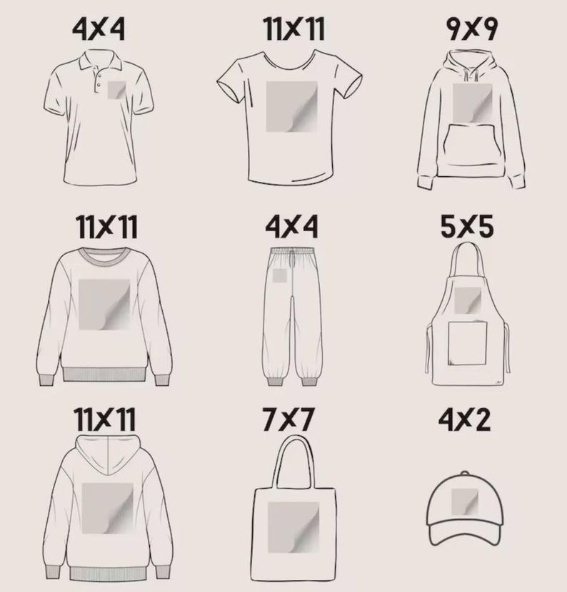 May include: Line drawings of clothing items: polo shirt, t-shirt, hoodie, sweatshirt, sweatpants, apron, tote bag, and baseball cap. Each has a blank square for design. Measurements in cm are displayed above each item.