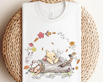 Prêt à presser floral Winnie l'ourson, transfert DTF ourson Disney, DTF ourson et ses amis, chemise Hunny ourson, voyage en famille Disney DTF