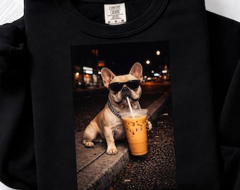 Funny French Bulldog Iced Coffee PNG, Retro Dog Meme Design (Digital Download)